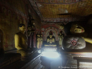Das Foto zeigt Buddha Statuen im Höhlentempel in Dambulla